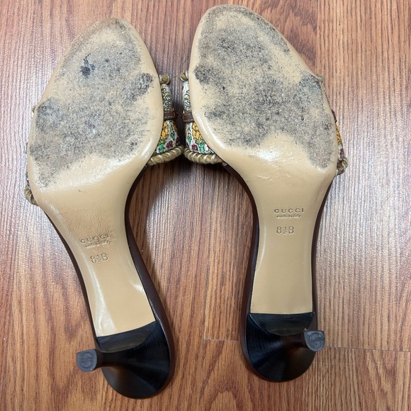 Gucci Brown Woven Jute Horsebit Heels Gold Chain Link Women’s Size 8.5B - Picture 10 of 11